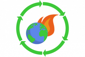 Drawing of planet earth, flame, and green recycling arrows