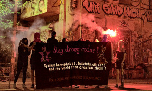 a solidarity banner in support of Cedar and the Hamilton Pride Defenders from Berlin, Germany