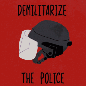 Gif that alternates between an image of a police hat and a riot gear helmet with the text "Demilitarize the Police"