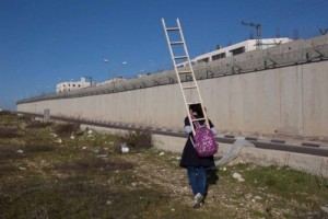 A schoolgirl, a ladder, a wall