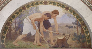 painting of two young men digging up a tree stump