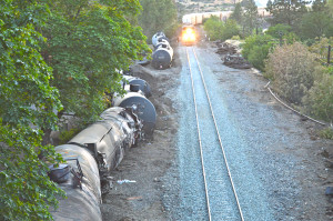 Union Pacific burnt out oil train cars along the tracks in Mosier