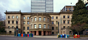A frontal view of Portland City Hall from SW 4th Ave.