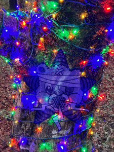 The Self Help Radio logo on a tree covered in Christmas lights