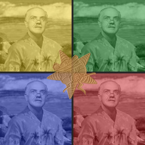 A collage of different colored photos of Howard Gently (well, they're all the same photo just different primary colors) with the Self Help Radio logo stamped in the middle.