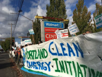 Portland Clean Energy Initiative sign waving @walmart